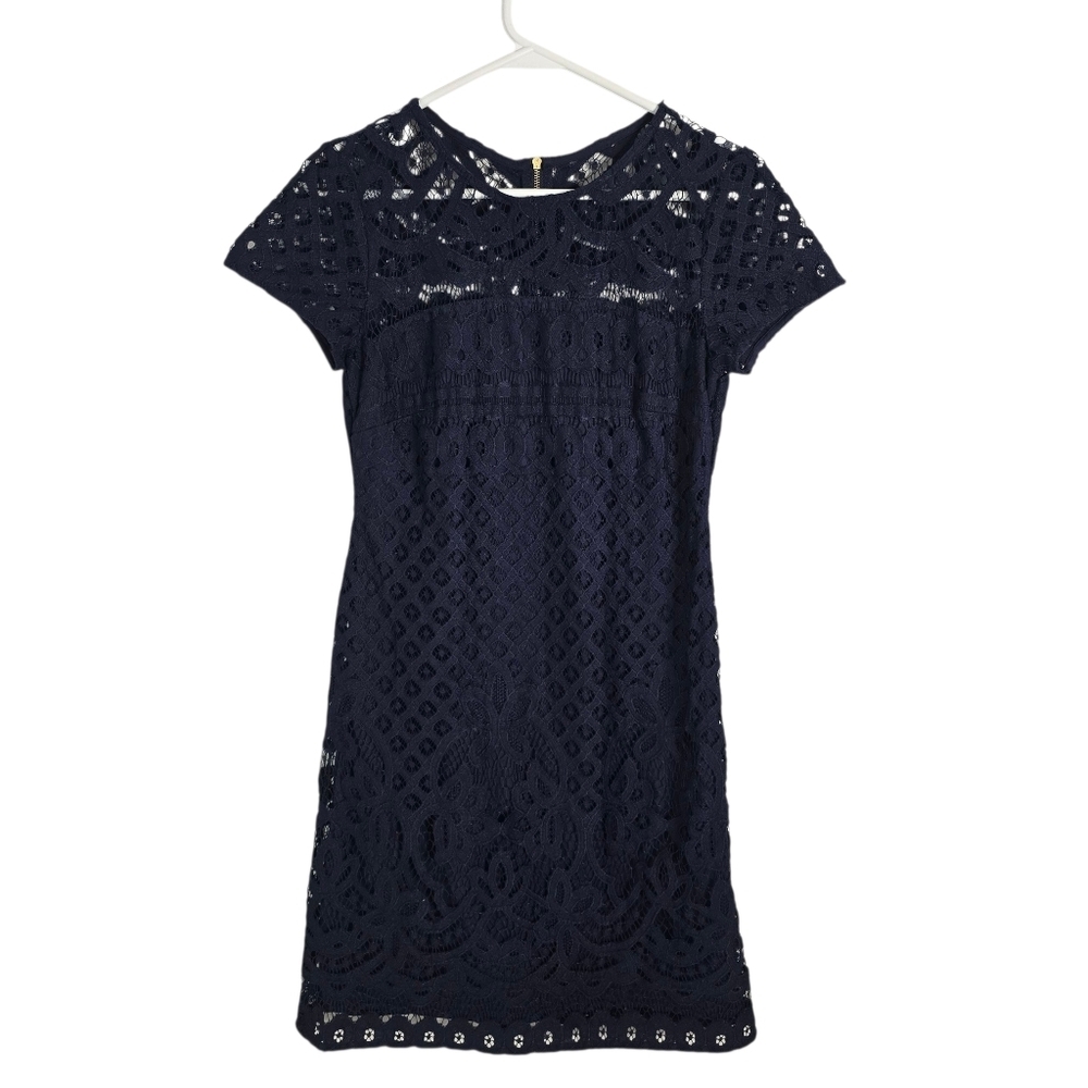 Just Taylor Navy Blue Lace Overlay Sheath Dress Size 2 Party Brunch Date Night